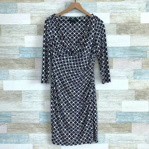 LRL Ralph Lauren Elsie Side Ruched Jersey Dress Black White Stretch Womens 6